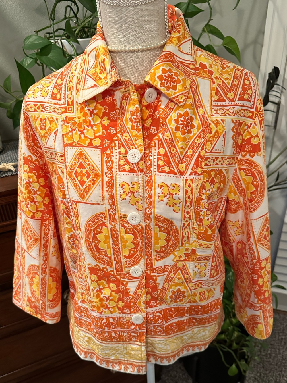 Coldwater Creek Orange & Cream Patterned Button Jacket